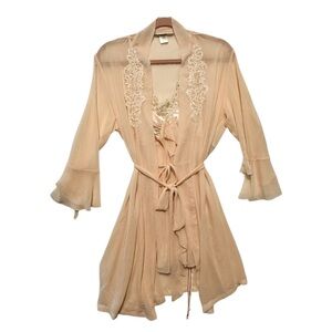 Linea Donatello Peach Sheer Lace Trim Robe with Peach Nightie by CA Dynasty, Med